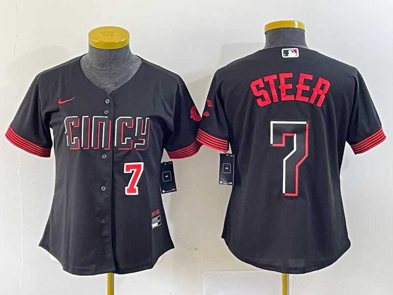 Women%27s Cincinnati Reds #7 Spencer Steer Numer Black 2023 City Connect Cool Base Stitched Baseball Jersey1